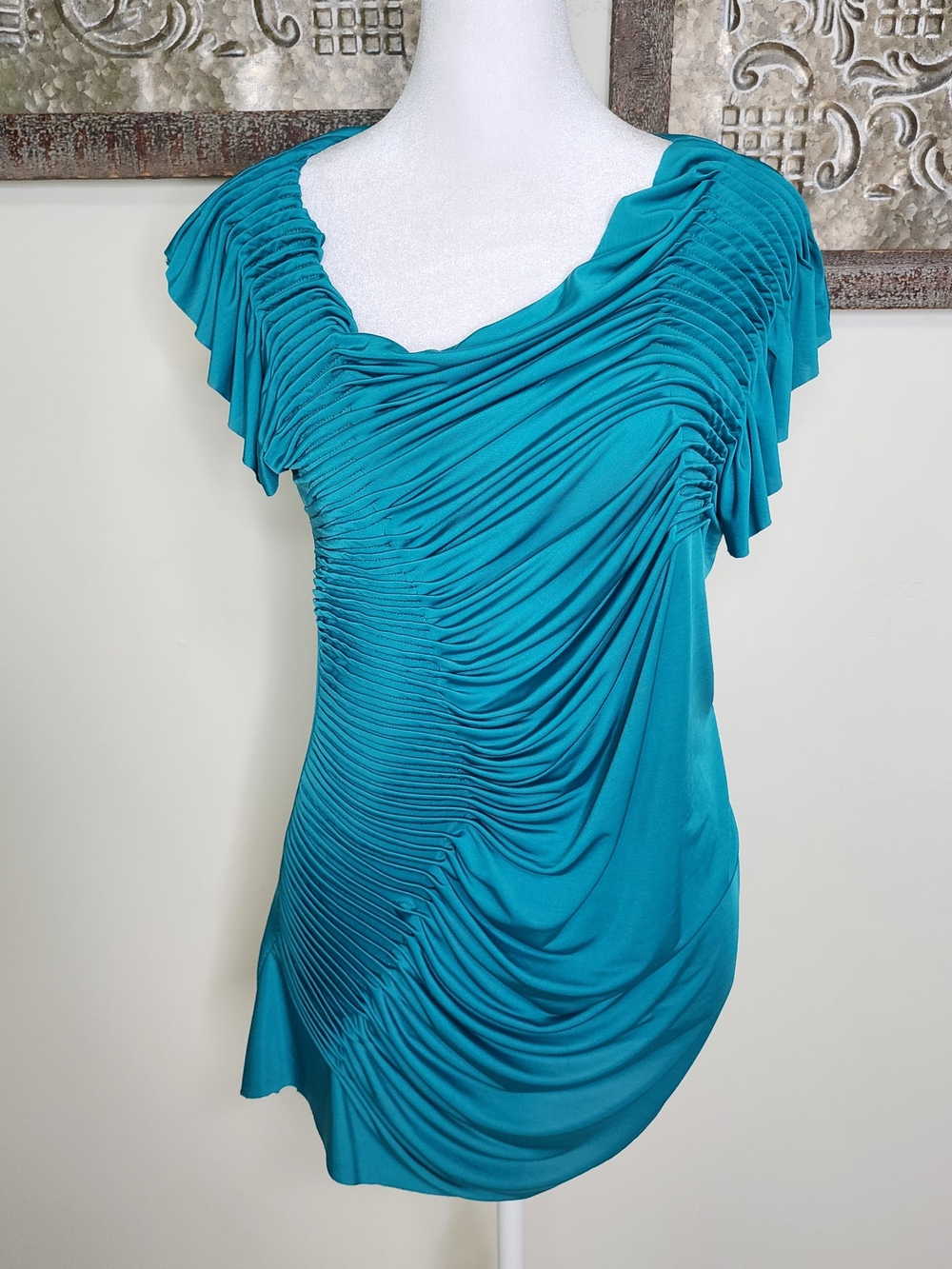 Vtg Y2K Rampage Teal Ruched Drape  Asymmetrical Stretch Top Large Going Out Top